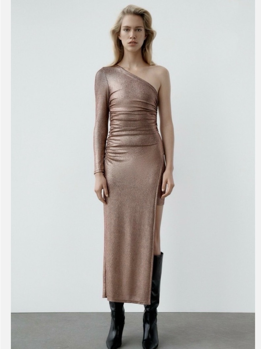 ZARA One-Shoulder Asymmetrical Metallic Dress